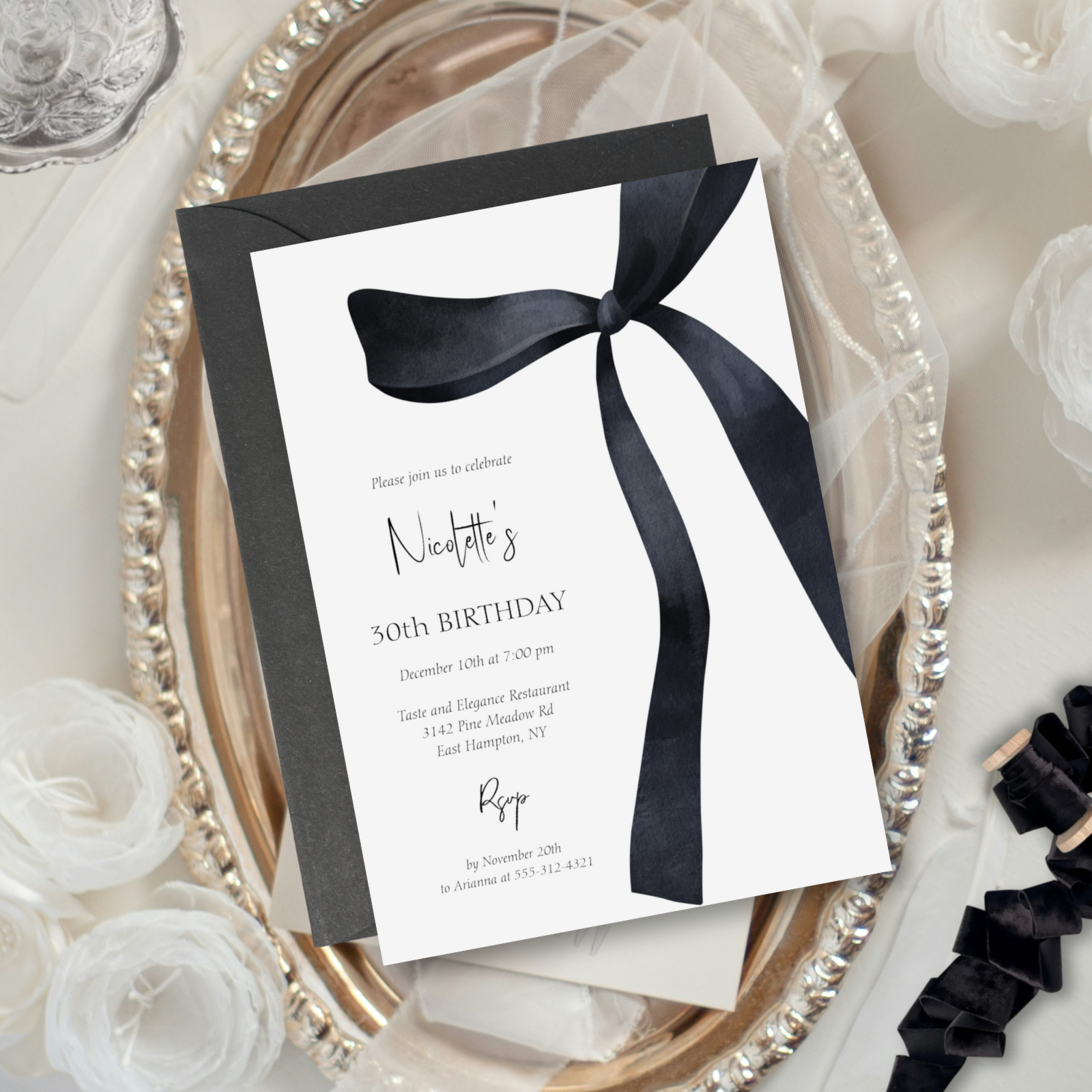 30th birthday party invitation with black bow coquette theme