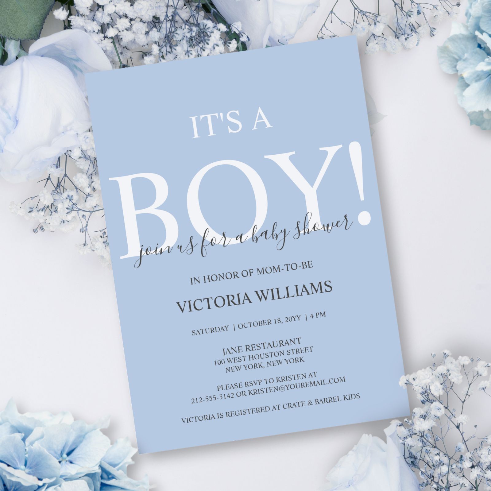 Modern, dusty blue baby shower invitation with bold typography