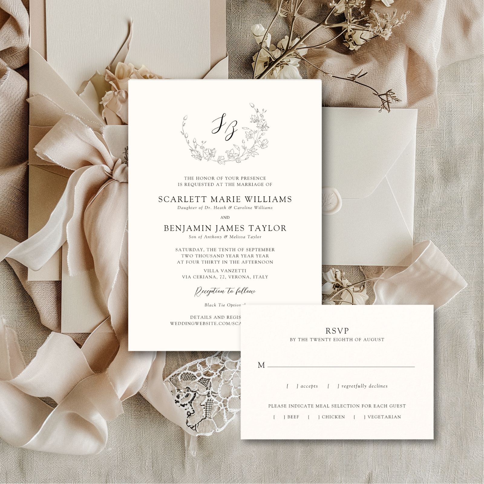 Elegant wedding inviation with botanical line drawing and monograms