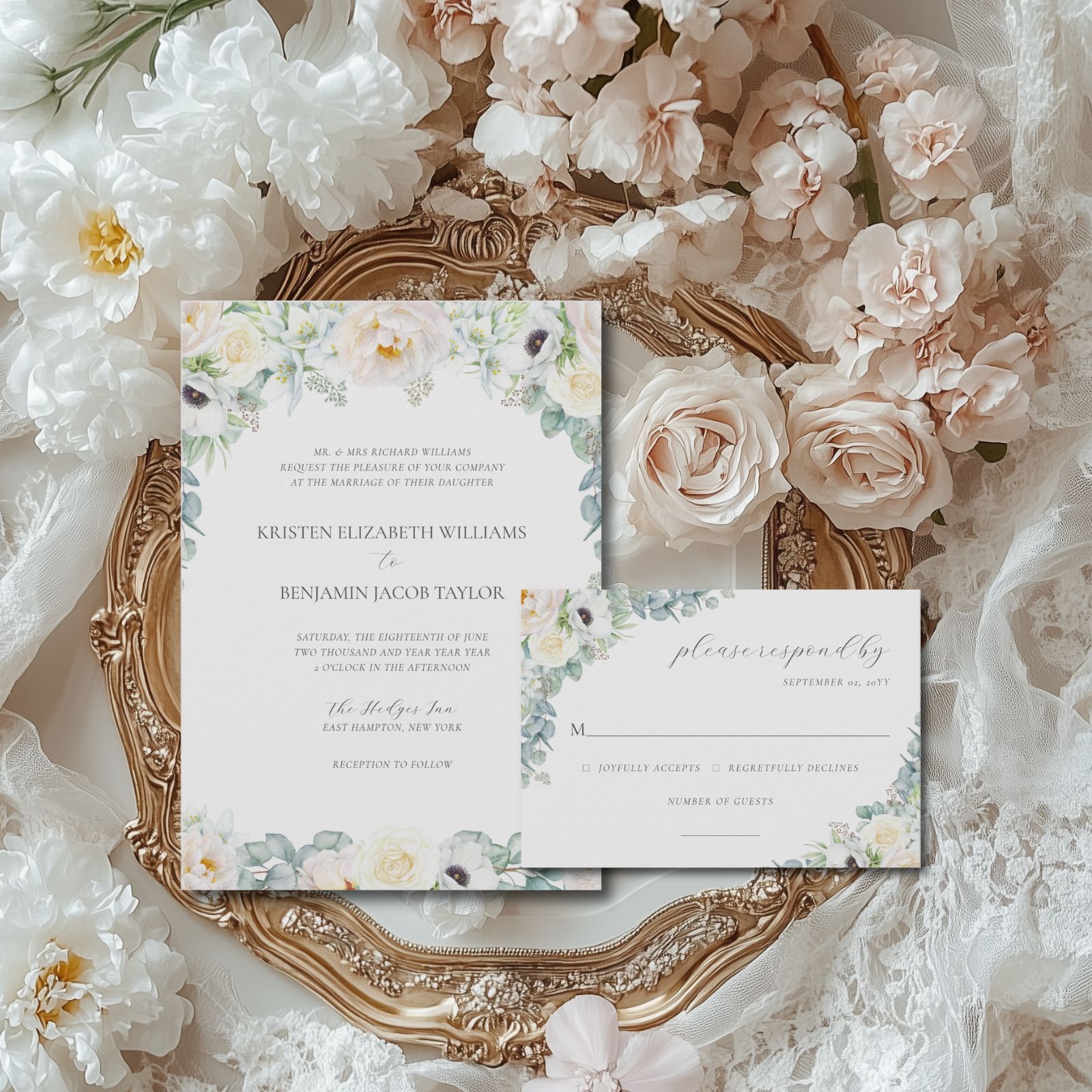 Kristen wedding invitation with white watercolor flowers and handwritten calligraphy script