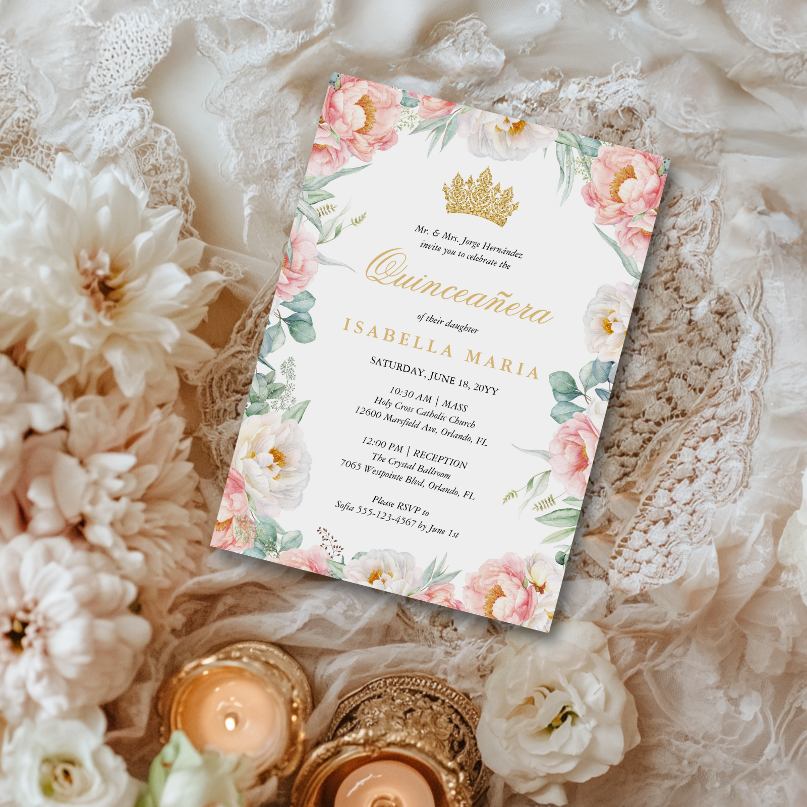 The Blush Blossom Quince collection features rosy pink florals and gold script