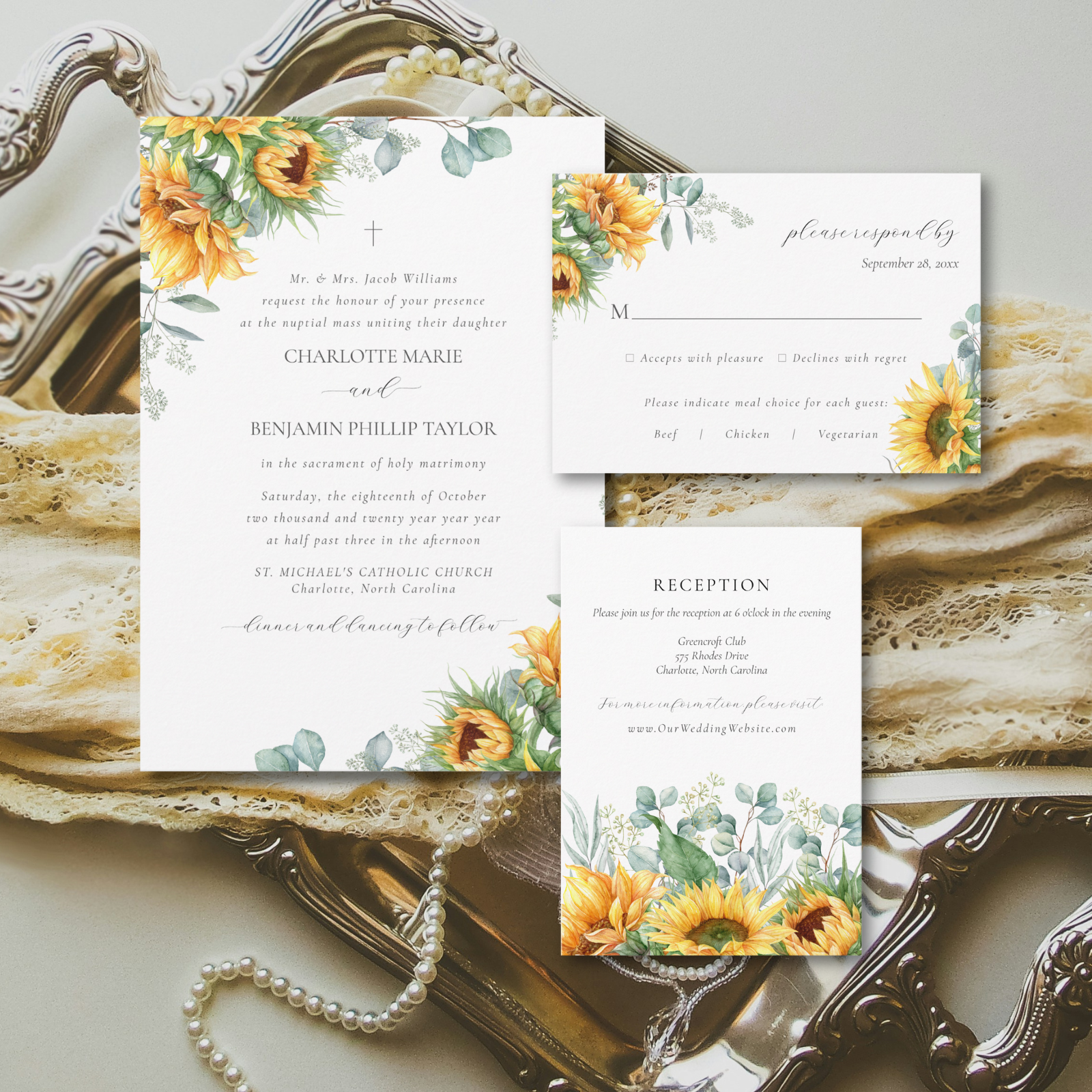 The Charlotte wedding collection with watercolor sunflowers and greenery
