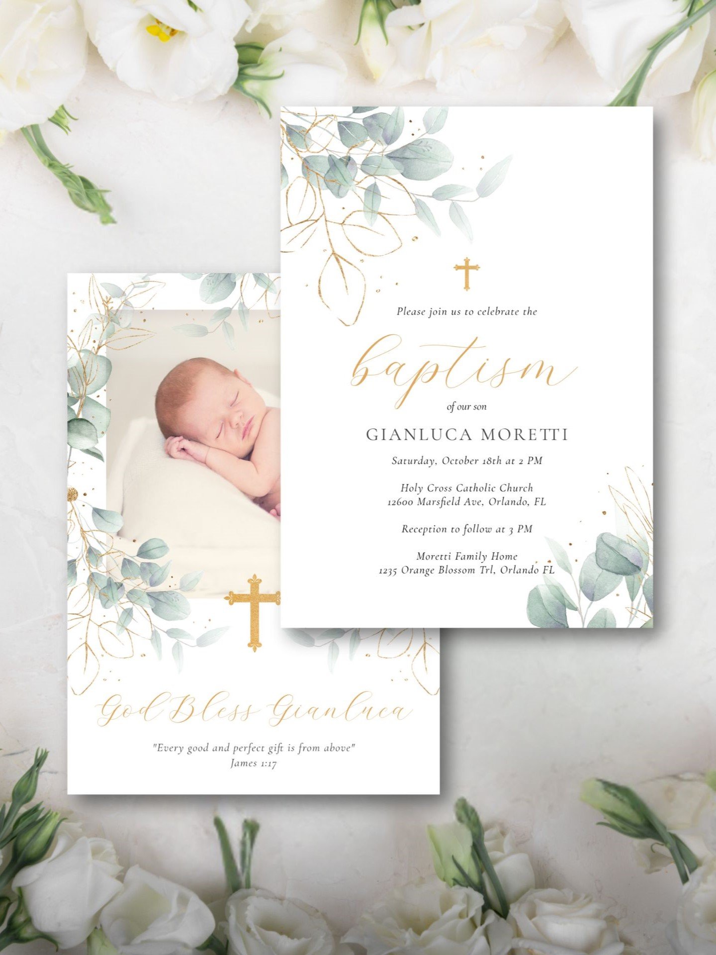 The Delicate Foliage baptism collection has a neutral palette perfect for baby boys or girls and features beautiful watercolor greenery and gold lettering.