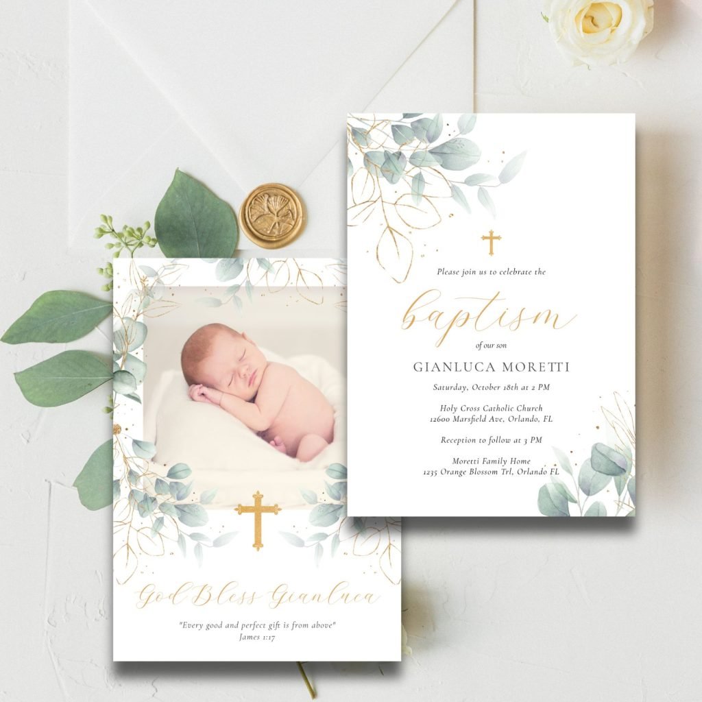 Delicate Foliage neutral baptism invitation for boys or girls with watercolor greenery and gold calligraphy script
