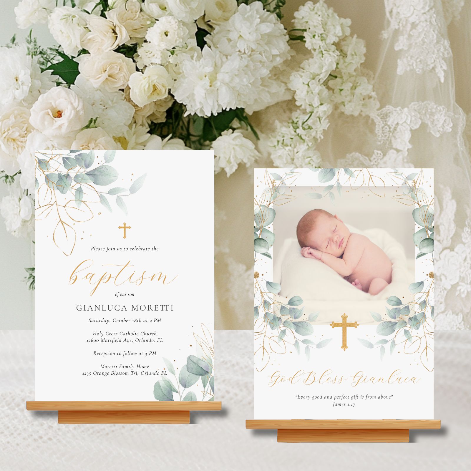 The Delicate Foliage baptism collection features watercolor greenery and an elegant gold script font