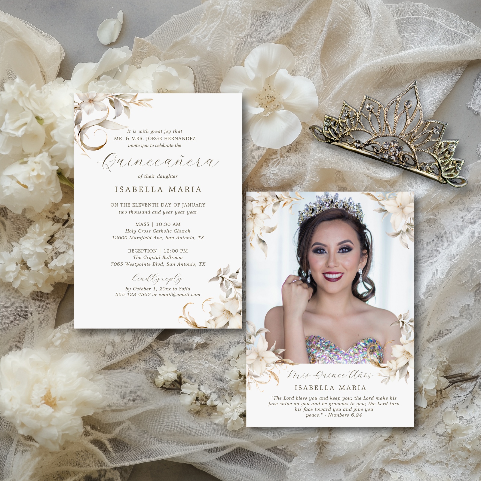 The White Elegance Quinceanera collection features a neutral color palette of white, gold and silver and lovely watercolor florals.