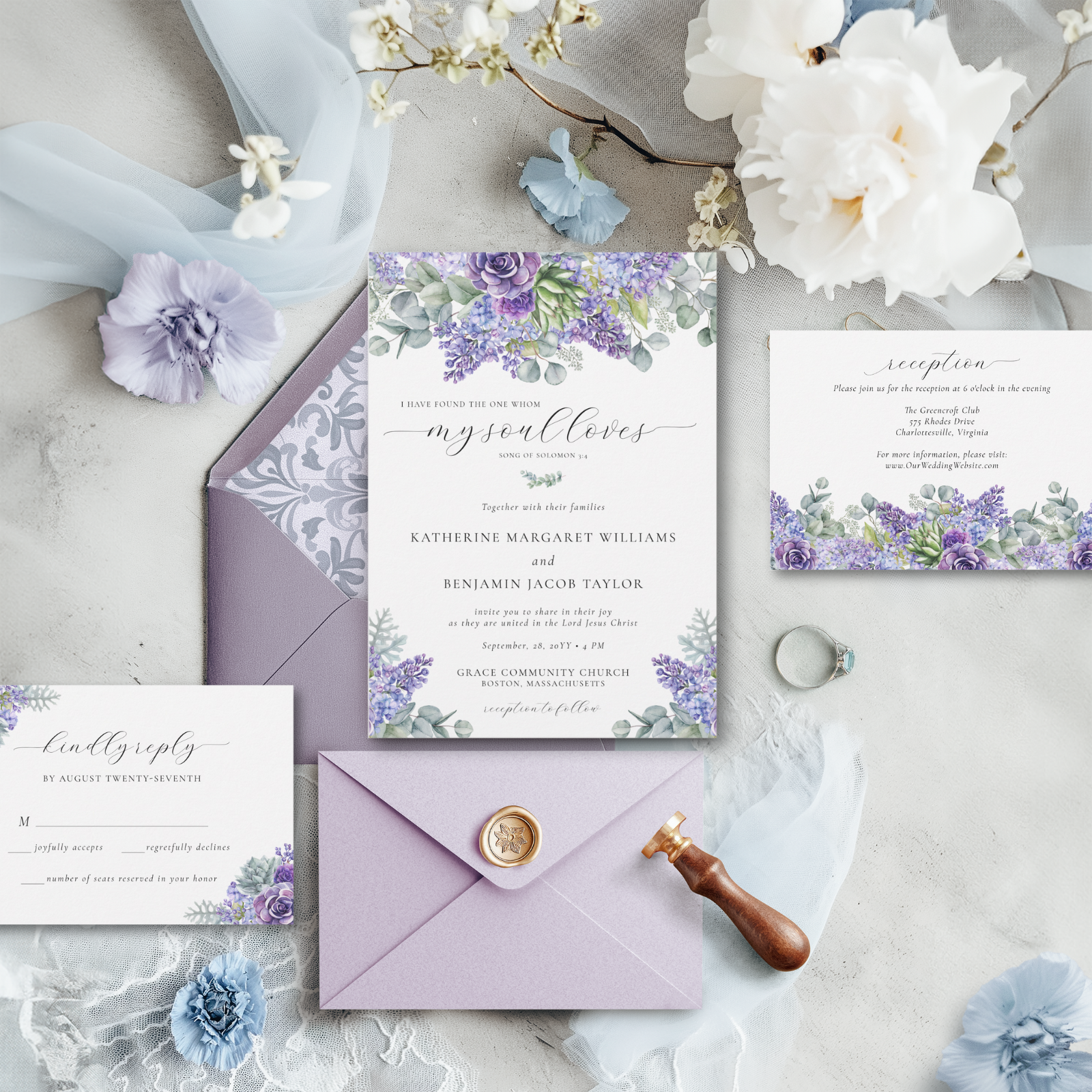 Katherine wedding collection featuring purple watercolor flowers and succulents