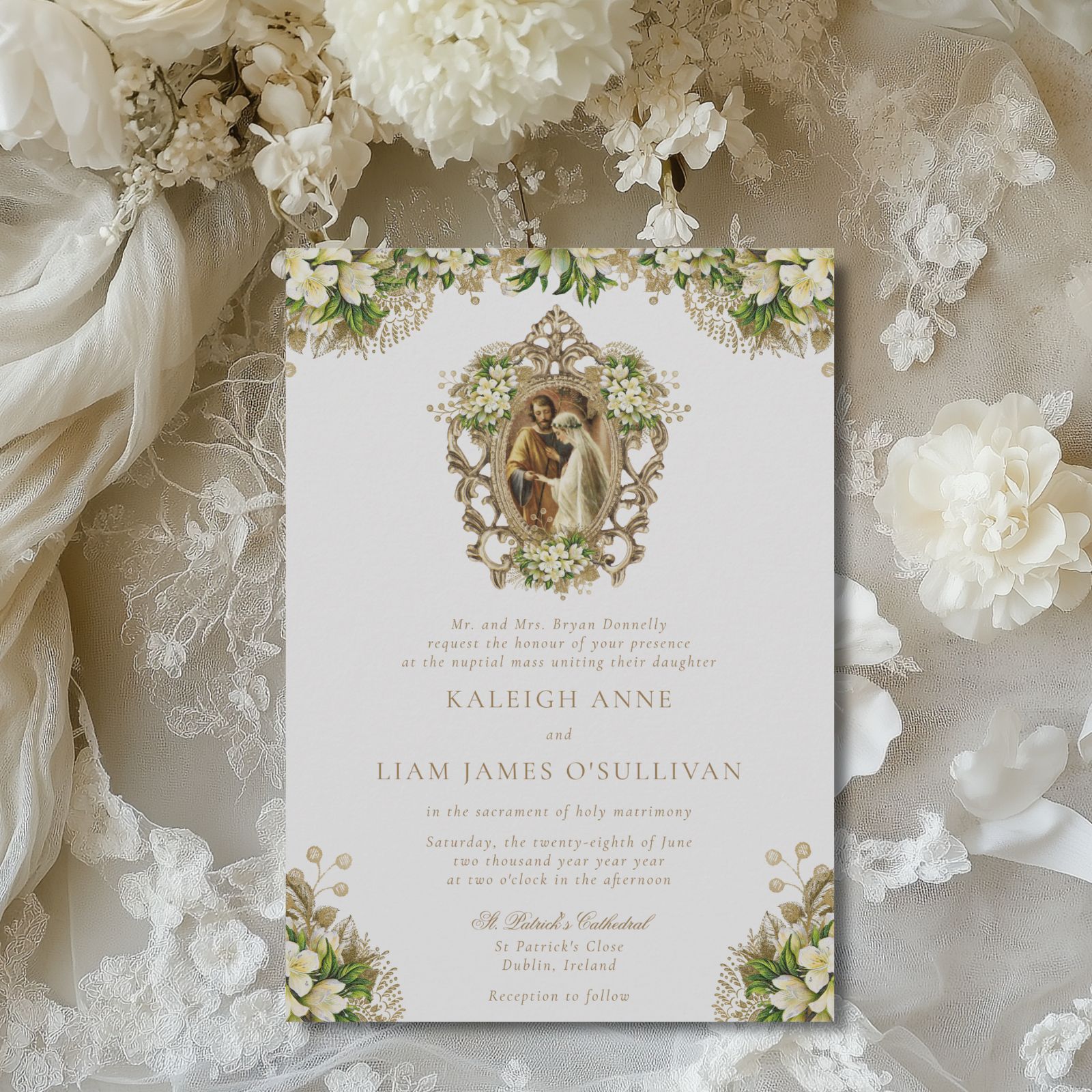 Kayleigh Catholic wedding invitation with vintage florals in white and gold and painting of the Marriage of the Virgin Mary and St. Joseph.