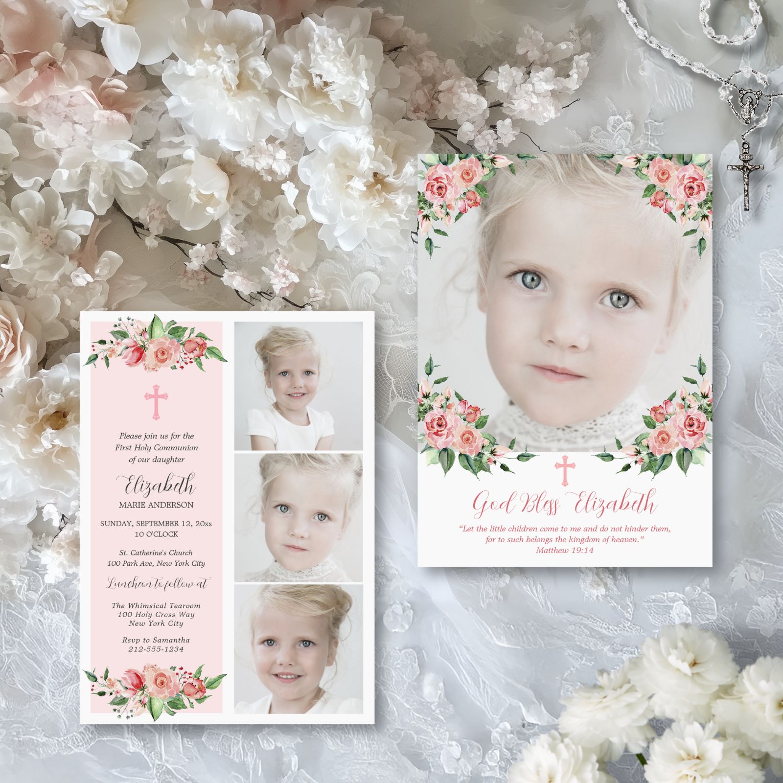 The Rosy Pink First Holy Communion collection features dainty pink watercolor flowers and lots of room for photos.