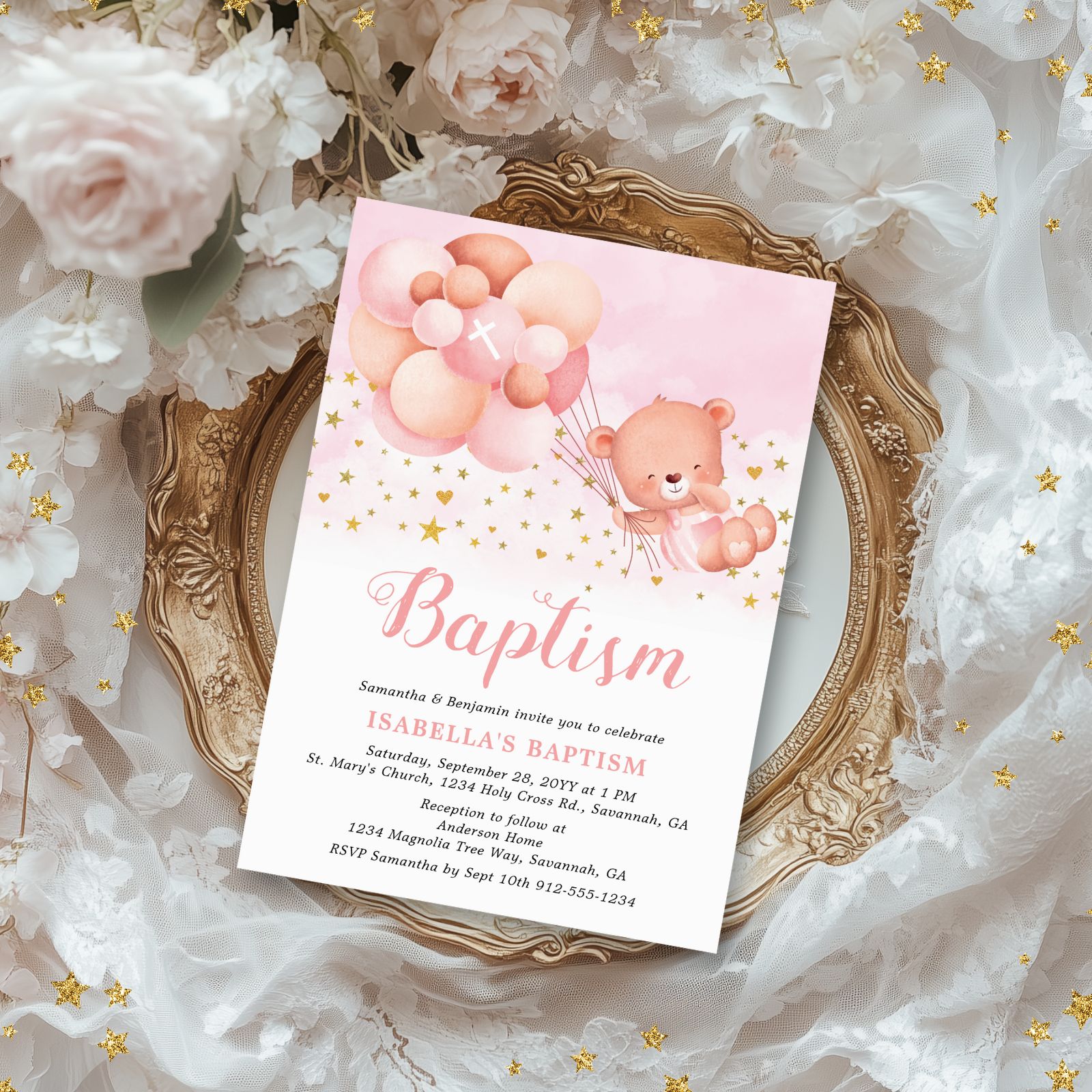 Up 'n Away baptism collection in pink for baby girls featuring a cute teddy bear being whisked away by balloons.