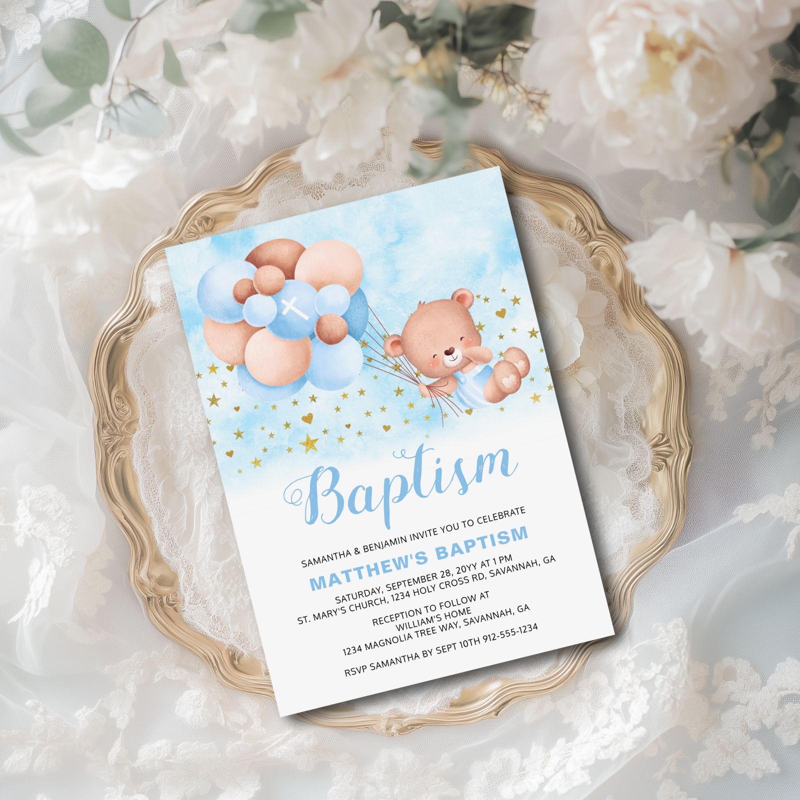 Up 'n Away baptism collection for baby boys featuring a cute teddy bear being whisked away by balloons.