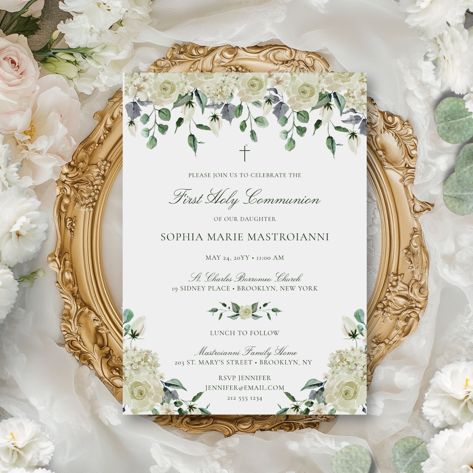 This First Holy Communion invitation features white watercolor flowers and greenery