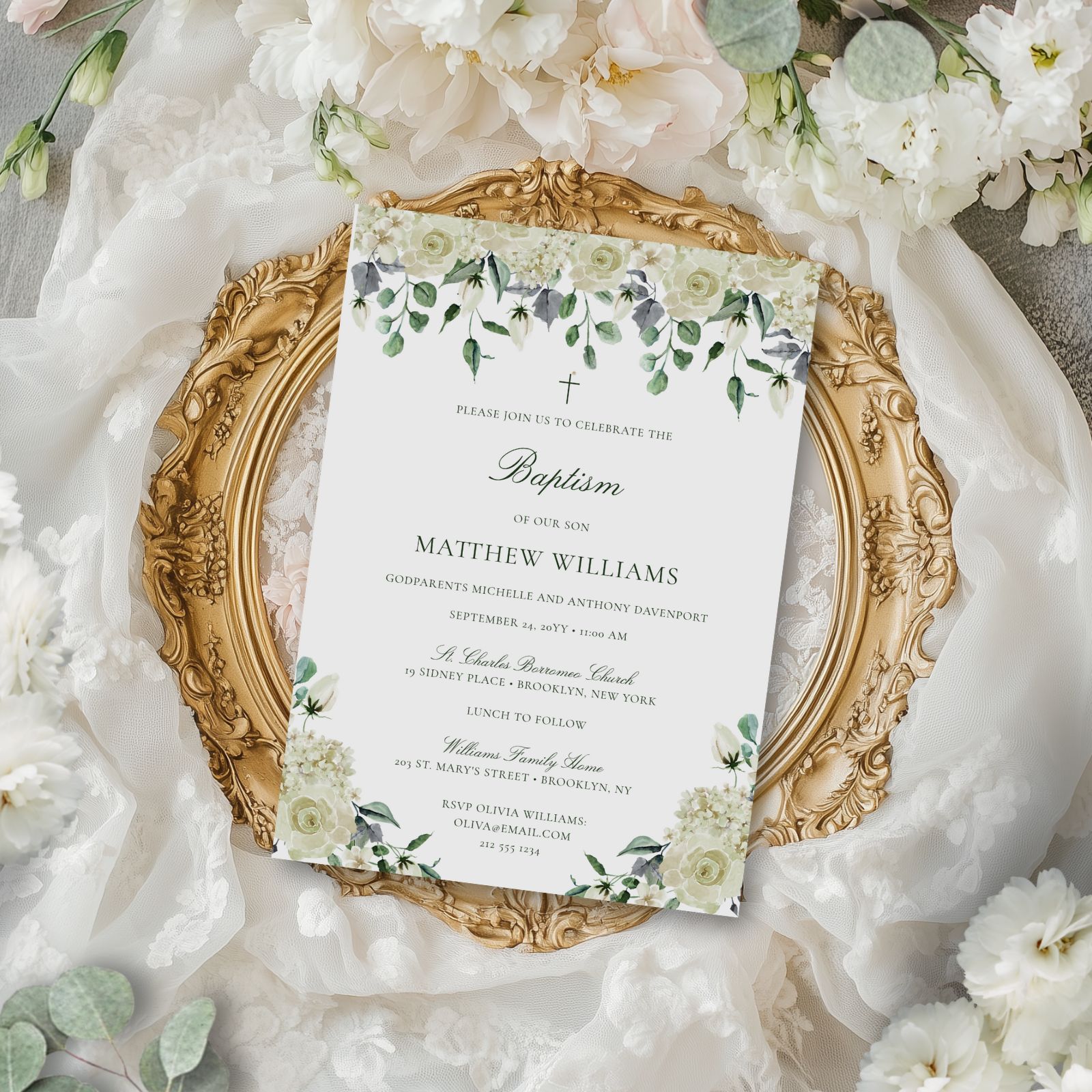 The White Floral Elegance baptism collection features white watercolor florals and greenery and can be used for a boy or girl.