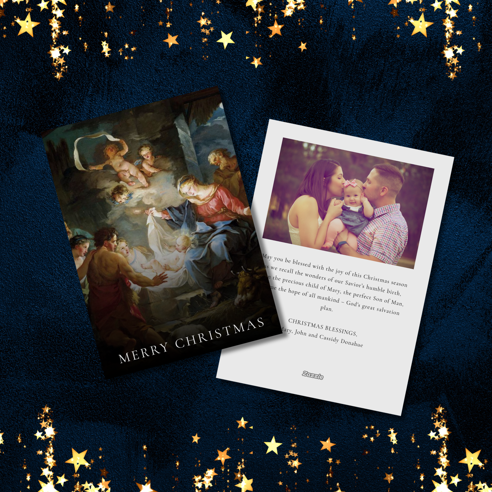 The Golden Light Christmas collection features a vintage painting of the Nativity