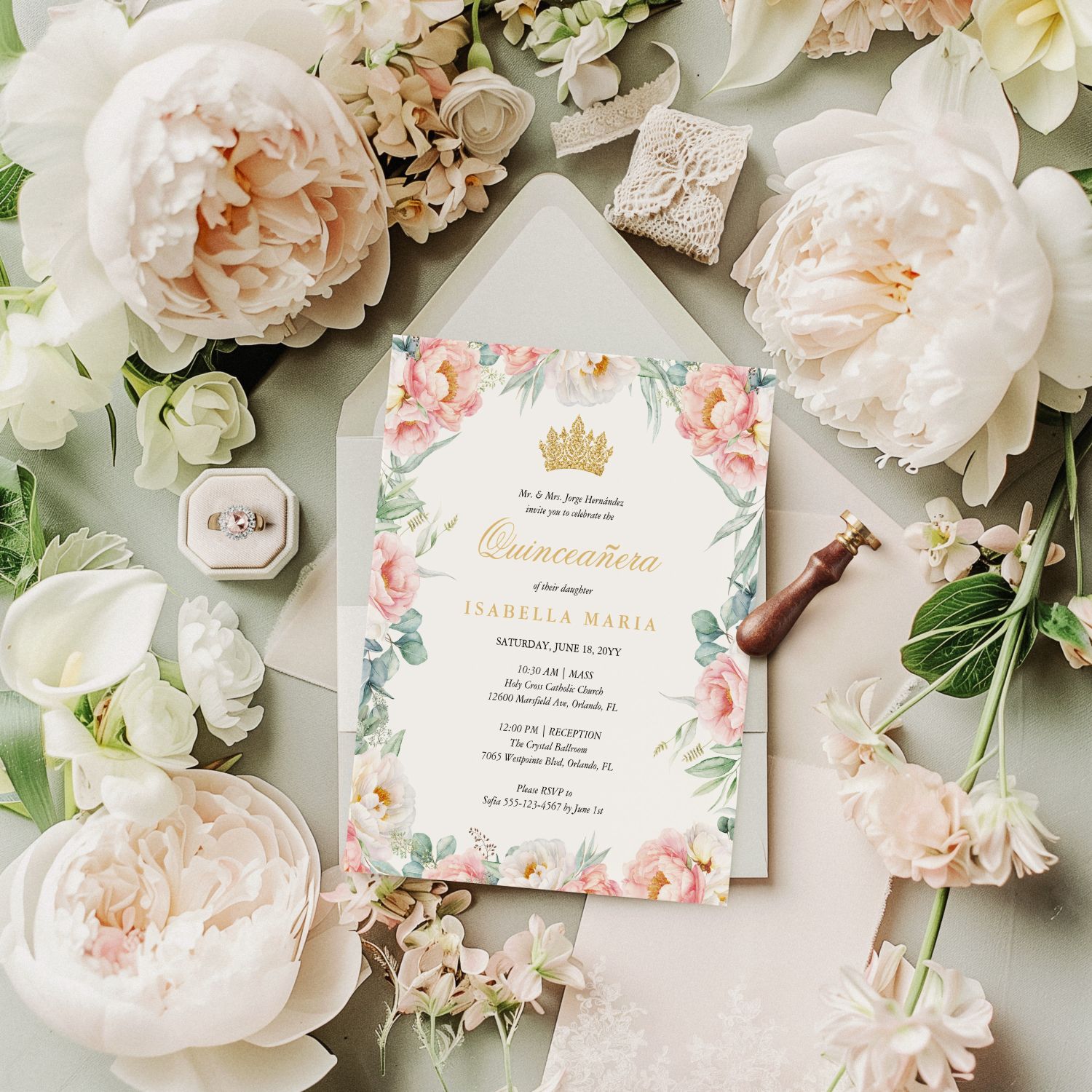 Blush Blossom quinceañera invitation